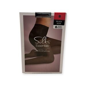 Silks Essentials Control Top Pantyhose 6 Pairs Black Size B Silky Sheer Leg NWT